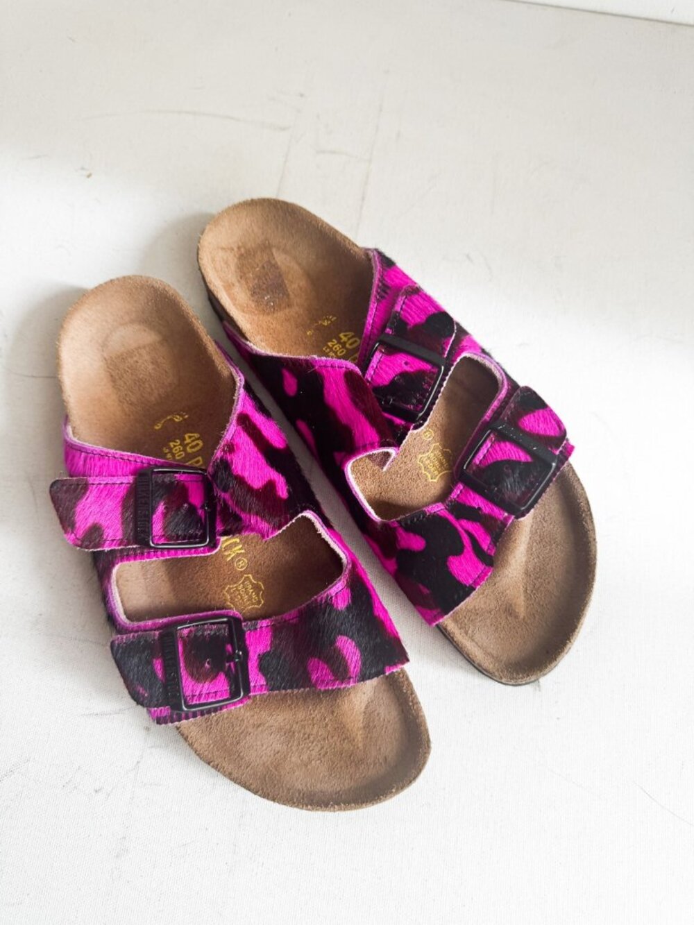 Birkenstock Hot Pink Camo Print Cow Skin Sandals 40